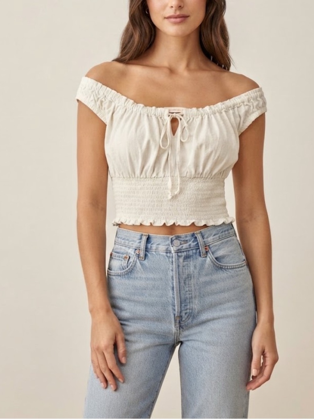 J.galt Off-Shoulder Smocked Peasant Linen Blend Cream White Crop Top Size Small